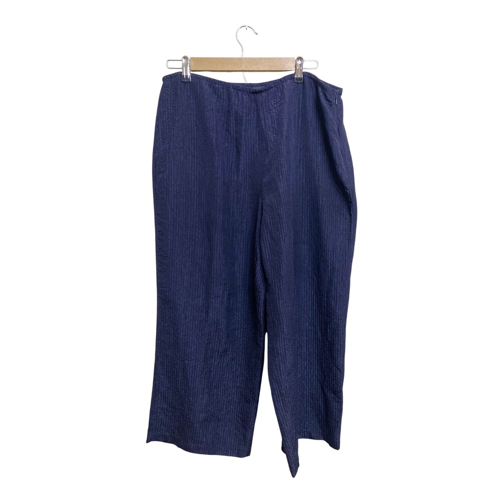 Eileen Fisher Navy Blue Crinkle Textured Wide Leg Relaxed Pants Womens Large‎